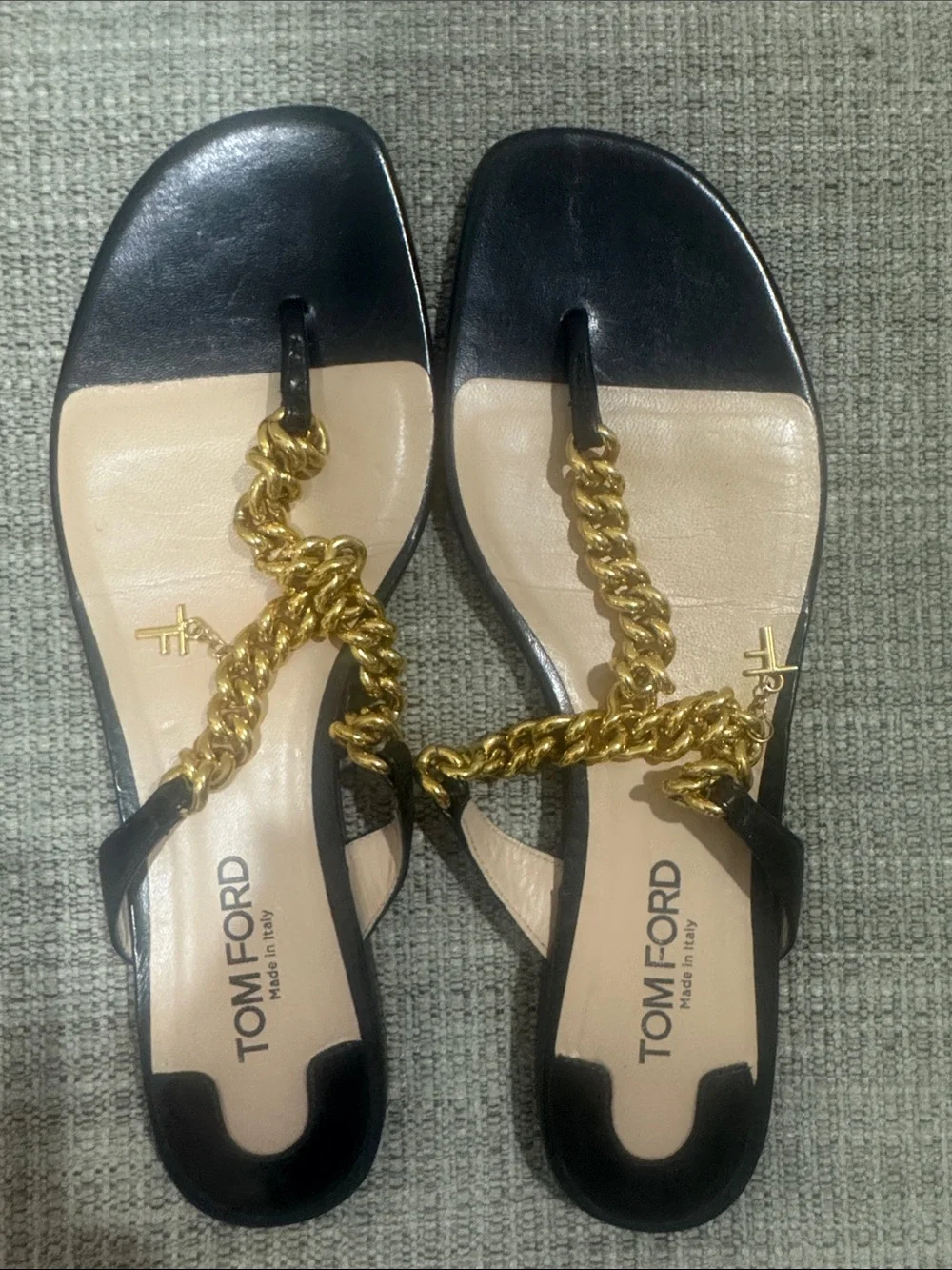 Tom Ford Black Leather Thong Sandals with TF charm